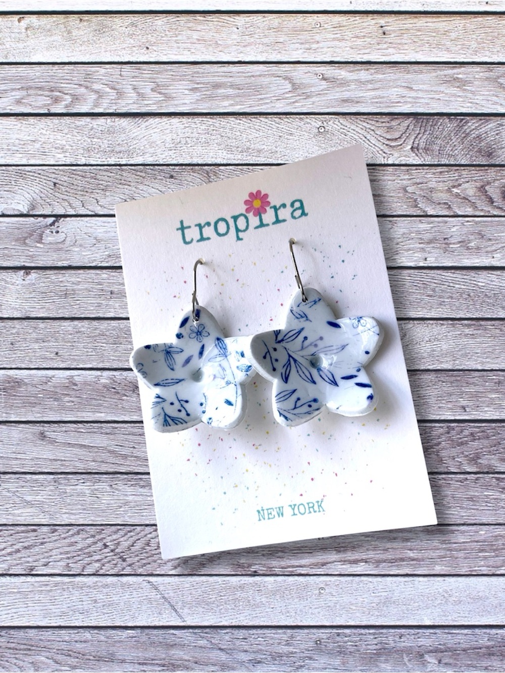 Blue & White Floral Star Earrings